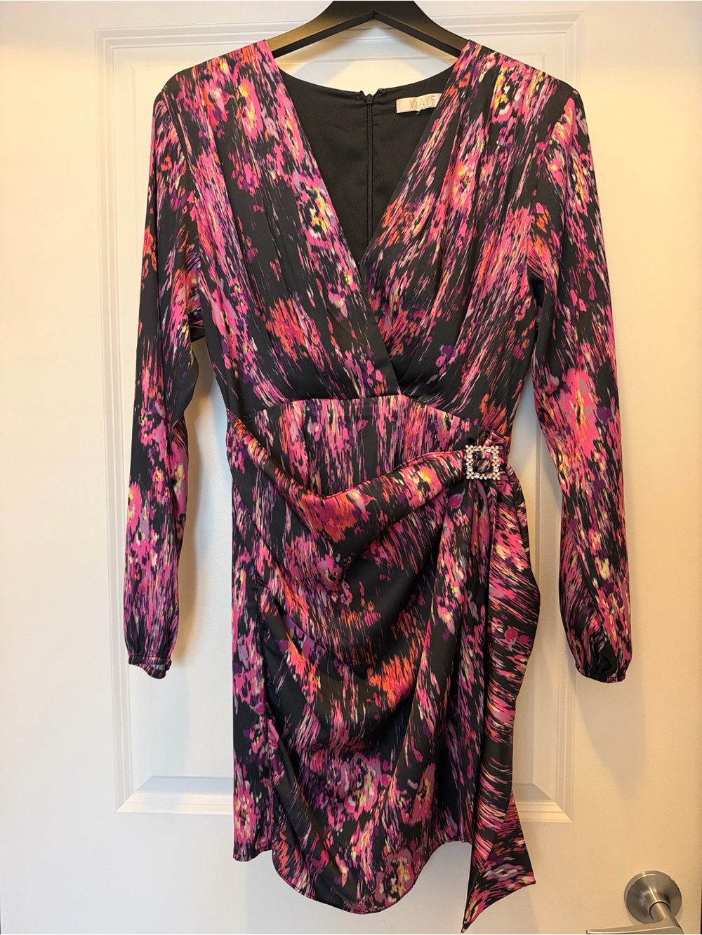 Wayf Black and Pink Abstract Wrap Dress with Rhinestone Buckle